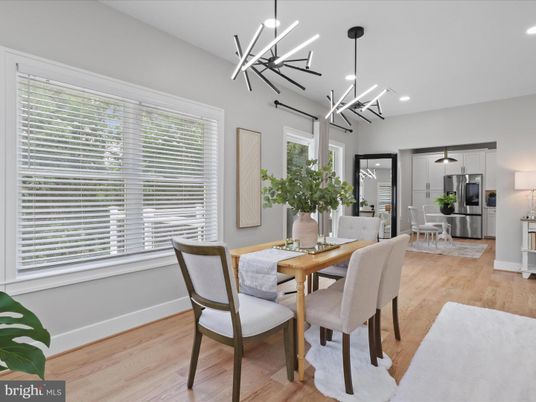 Dining room, Interior, Pendant Lights, Recessed Lighting, Stainless Steel Appliances, Wood Texture Flooring