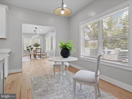 Dining room, Interior, Pendant Lights, Recessed Lighting, Wood Texture Flooring