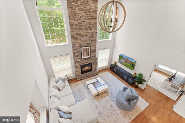 Fireplace, Interior, Living room, Pendant Lights, Stone Walls, Wood Texture Flooring