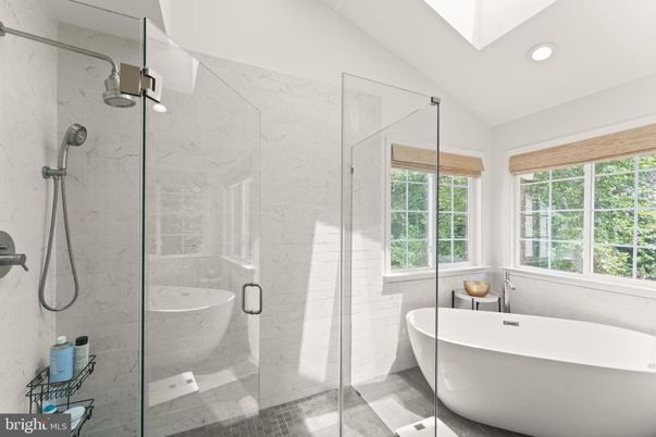 Bathroom, Free Standing Baths, Glass Shower, Interior, Marble Walls, Recessed Lighting