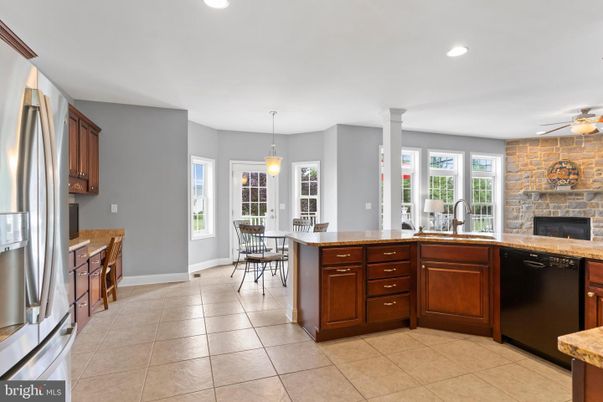 Dining room, Fireplace, Interior, Kitchen, Pendant Lights, Recessed Lighting, Stone Walls