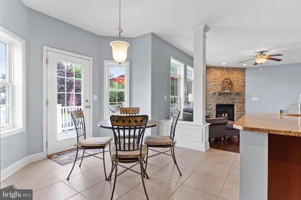 Dining room, Fireplace, Interior, Pendant Lights, Recessed Lighting, Stone Walls
