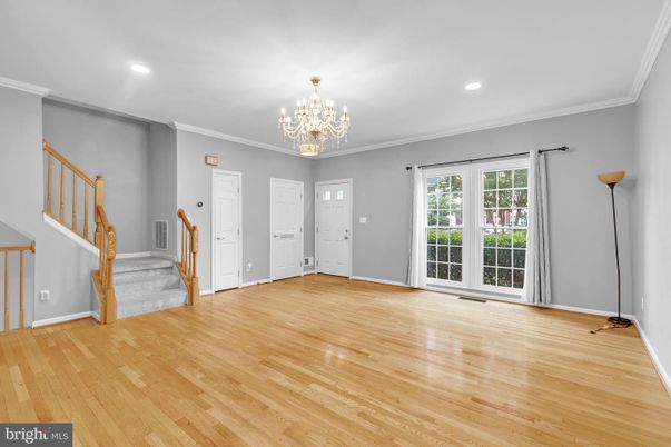 Chandelier, Empty room, Interior, Recessed Lighting, Wood Texture Flooring