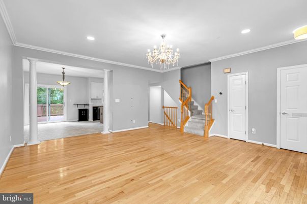 Chandelier, Empty room, Interior, Pendant Lights, Recessed Lighting, Wood Texture Flooring