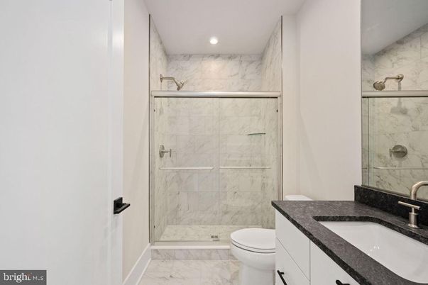 Bathroom, Glass Shower, Interior, Marble, Marble Walls, Recessed Lighting