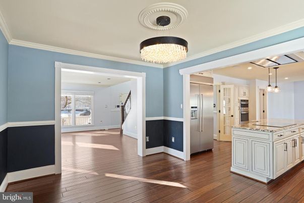 Chandelier, Interior, Kitchen, Recessed Lighting, Stainless Steel Appliances, Wood Texture Flooring