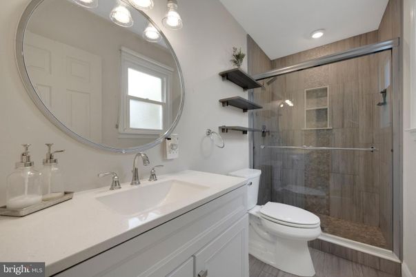 Bathroom, Glass Shower, Interior, Recessed Lighting, Wood Texture Flooring