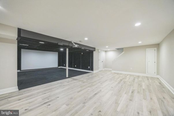 Empty room, Interior, Projection Screen, Recessed Lighting, Wood Texture Flooring