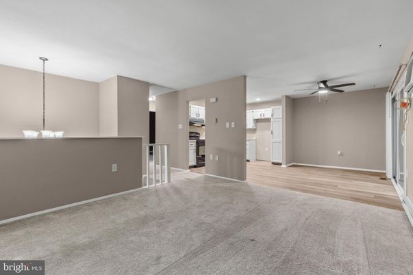 Empty room, Interior, Kitchen, Pendant Lights, Recessed Lighting, Wood Texture Flooring