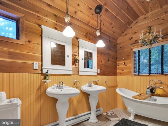 Bathroom, Dual Sink Vanities, Free Standing Baths, Interior, Pendant Lights, Wooden Ceilings, Wooden Walls