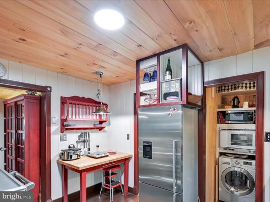 Interior, Kitchen, Pendant Lights, Stainless Steel Appliances, Washer, Wooden Ceilings, Wood Texture Flooring