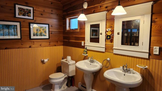 Bathroom, Dual Sink Vanities, Interior, Pendant Lights, Wooden Walls