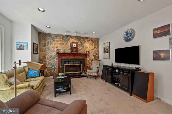 Fireplace, Interior, Living room, Recessed Lighting, Stone Walls