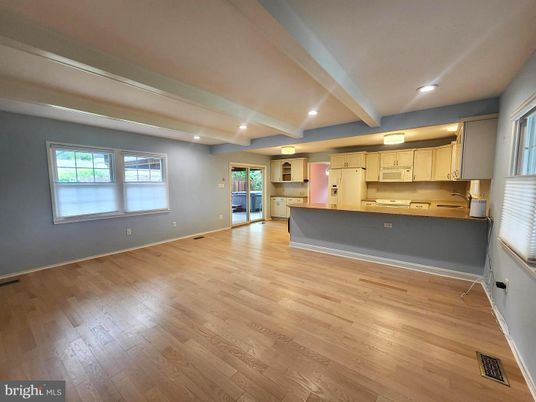 Empty room, Interior, Kitchen, Recessed Lighting, Wood Texture Flooring