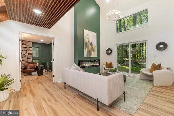 Fireplace, Interior, Living room, Pendant Lights, Recessed Lighting, Wooden Ceilings, Wood Texture Flooring