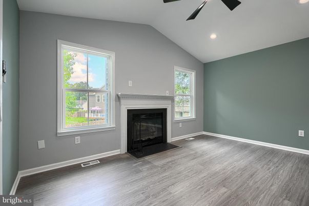 Empty room, Fireplace, Interior, Recessed Lighting, Wood Texture Flooring