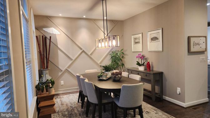 Dining room, Interior, Pendant Lights, Recessed Lighting, Wood Texture Flooring