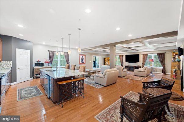 Dining room, Fireplace, Interior, Kitchen, Living room, Pendant Lights, Recessed Lighting, Wood Texture Flooring