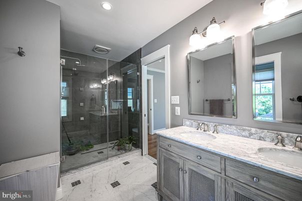 Bathroom, Dual Sink Vanities, Glass Shower, Interior, Marble, Recessed Lighting