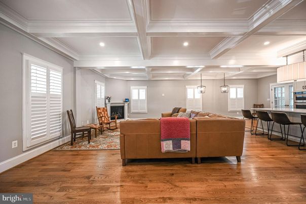 Fireplace, Interior, Kitchen, Living room, Pendant Lights, Recessed Lighting, Wood Texture Flooring