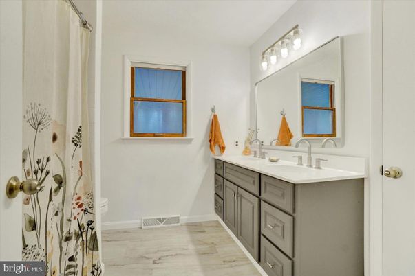 Bathroom, Dual Sink Vanities, Interior, Marble, Wood Texture Flooring