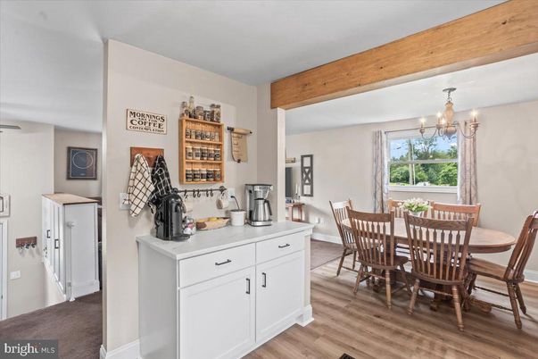 Dining room, Interior, Pendant Lights, Wooden Beams, Wood Texture Flooring