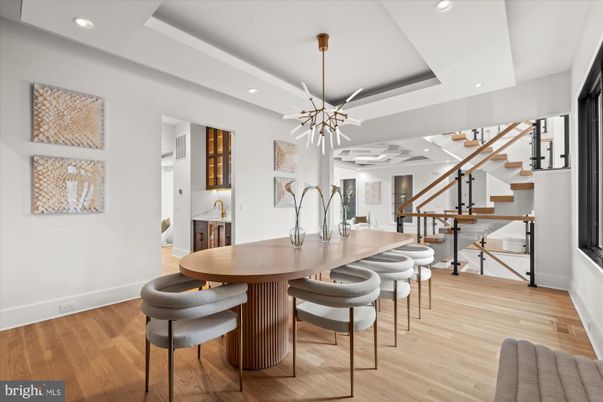 Dining room, Interior, Pendant Lights, Recessed Lighting, Wood Texture Flooring