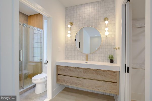 Bathroom, Glass Shower, Interior, Wood Texture Flooring