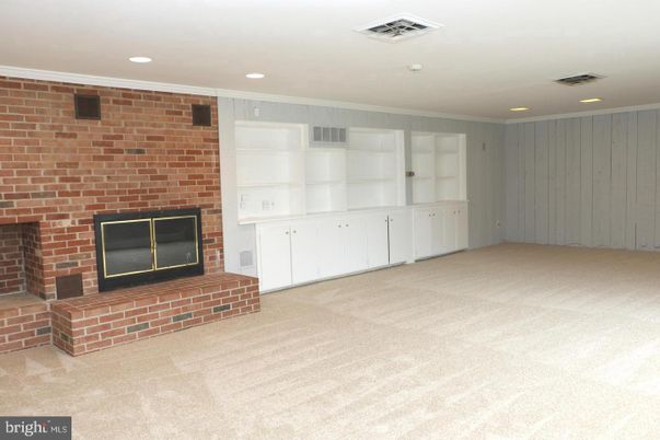 Empty room, Fireplace, Interior, Recessed Lighting, Stone Walls