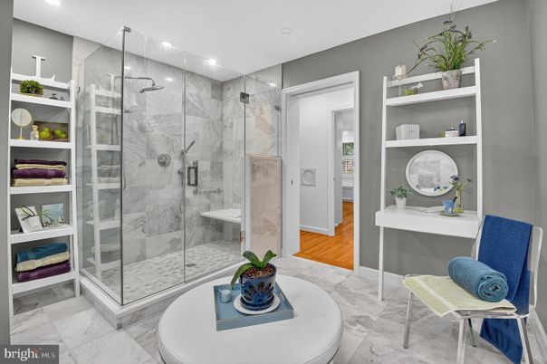 Bathroom, Glass Shower, Interior, Marble, Marble Walls, Recessed Lighting, Wood Texture Flooring