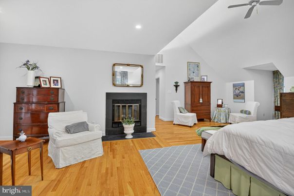 Bedroom, Fireplace, Interior, Recessed Lighting, Wood Texture Flooring