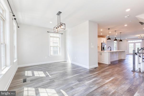 Empty room, Interior, Kitchen, Pendant Lights, Recessed Lighting, Wood Texture Flooring