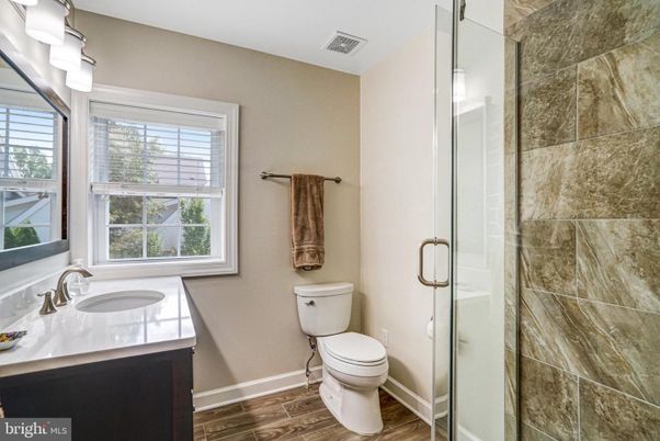 Bathroom, Glass Shower, Interior, Wood Texture Flooring