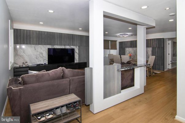 Interior, Kitchen, Living room, Marble Walls, Recessed Lighting, Wood Texture Flooring