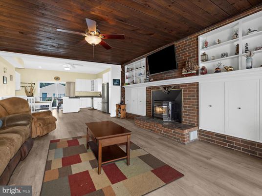 Fireplace, Interior, Kitchen, Recessed Lighting, Stone Walls, Wooden Ceilings, Wood Texture Flooring