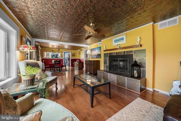 Dining room, Fireplace, Interior, Living room, Wood Texture Flooring