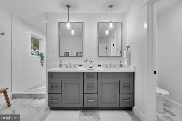 Bathroom, Dual Sink Vanities, Interior, Marble, Pendant Lights