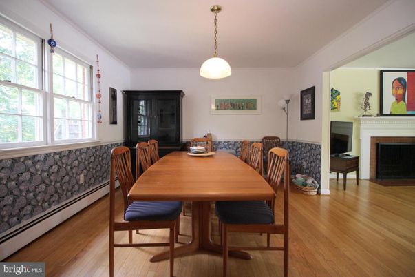 Dining room, Fireplace, Interior, Pendant Lights, Wood Texture Flooring