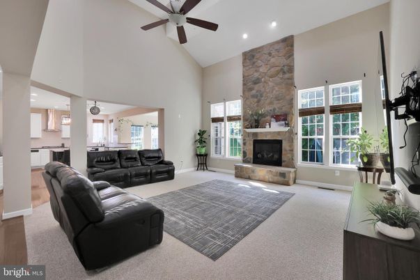 Fireplace, Interior, Living room, Pendant Lights, Recessed Lighting, Stone Walls