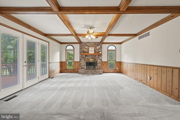 Empty room, Fireplace, Interior, Stone Walls, Wooden Beams