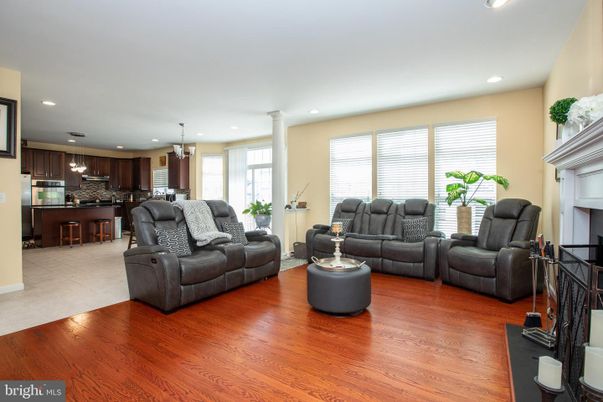 Fireplace, Interior, Kitchen, Living room, Pendant Lights, Recessed Lighting, Wood Texture Flooring