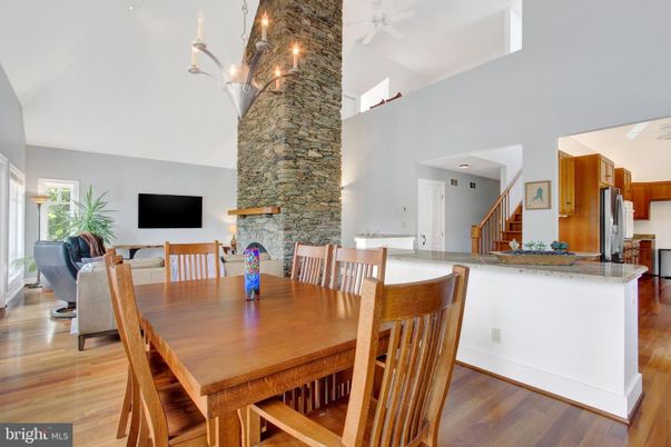 Dining room, Interior, Kitchen, Pendant Lights, Stone Walls, Wood Texture Flooring