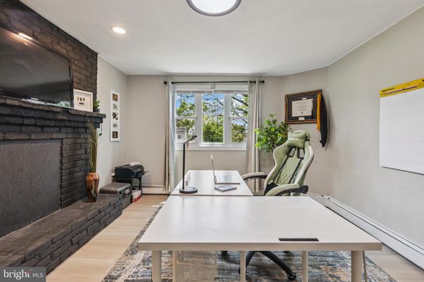 Fireplace, Home Office, Interior, Recessed Lighting, Wood Texture Flooring
