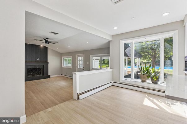 Empty room, Fireplace, Interior, Recessed Lighting, Wood Texture Flooring