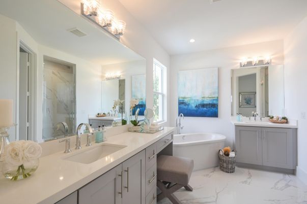 Bathroom, Dual Sink Vanities, Free Standing Baths, Interior, Marble, Marble Walls, Recessed Lighting