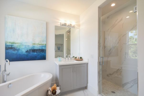 Bathroom, Glass Shower, Interior, Marble, Marble Walls, Recessed Lighting