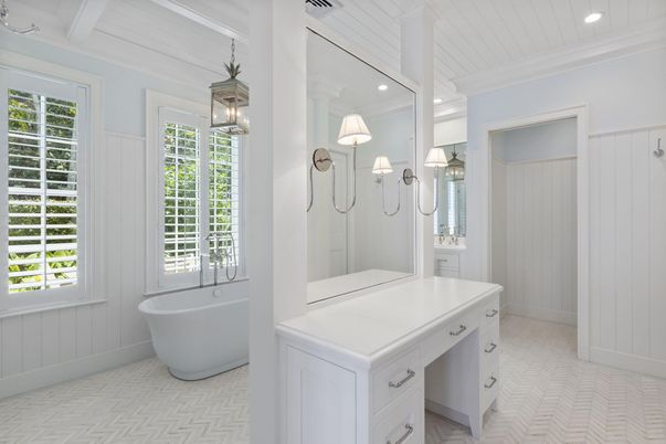 Bathroom, Dual Sink Vanities, Free Standing Baths, Interior, Pendant Lights, Recessed Lighting
