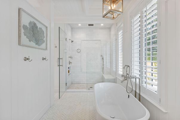 Bathroom, Free Standing Baths, Glass Shower, Interior, Recessed Lighting