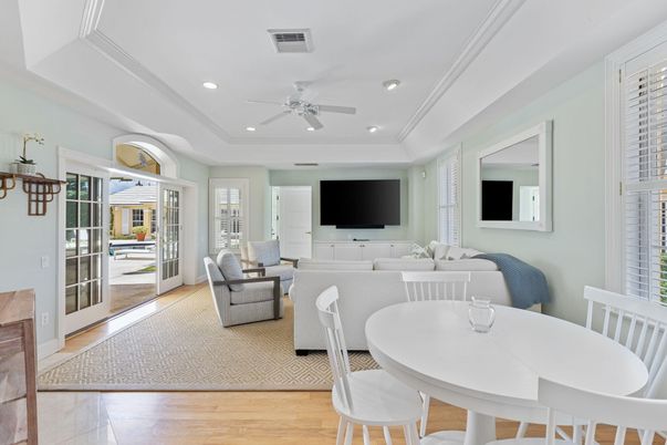Dining room, Interior, Living room, Recessed Lighting, Wood Texture Flooring