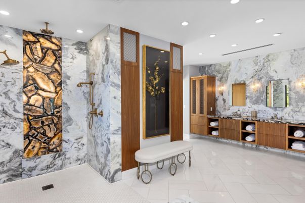 Bathroom, Dual Sink Vanities, Interior, Marble, Marble Walls, Recessed Lighting